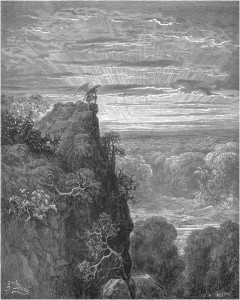 Gustave Doré, Paradise Lost, Book IV (1866): "Now to the ascent of that steep savage hill / Satan had journeyed on, pensive and slow." (IV.172-73)
