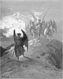 Gustave Doré, Paradise Lost, Book IV (1866): “The Fiend looked up, and knew / His mounted scale aloft: Nor more; but fled / Murmuring, and with him fled the shades of night.” (IV.1013–1015)