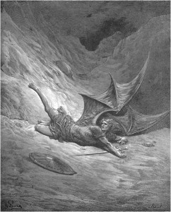 Gustave Doré, Paradise Lost, Book VI (1866): "Then Satan first knew pain, / And writhed him to and fro." (VI.327-28)