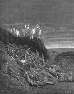 Gustave Doré, Paradise Lost, Book VI (1866): "On the foughten field / Michael and his angels, prevalent / Encamping, placed in guard their watches round." (VI.410-12)