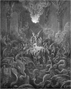 Gustave Doré, Paradise Lost, Book X (1866): "Dreadful was the din / Of hissing through the Hall, thick swarming now / With complicated monsters head and taile." (X.521-23)