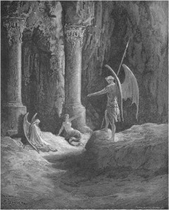 Gustave Doré, Paradise Lost, Book II (1866): "Before the gates there sat / On either side a formidable Shape." (II.648-49)