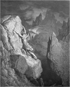 Gustave Doré, Paradise Lost, Book II (1866): "With head, hands, wings, or feet, pursues his way, / And swims, or sinks, or wades, or creeps, or flies." (II.949-50)