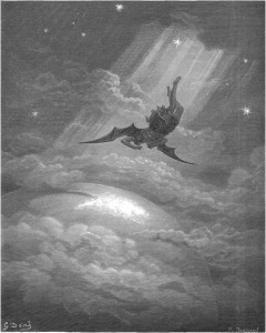Gustave Doré, Paradise Lost, Book III (1866): "Toward the coast of earth beneath, / Down from the ecliptick, sped with hoped success, / Throws his steep flight in many an aery wheel." (III.739-41)